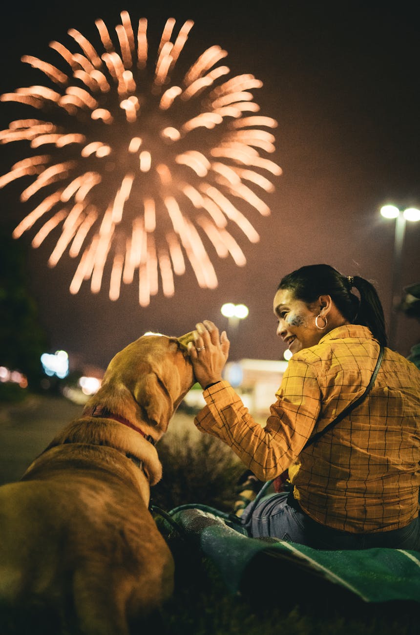 woman sitting and patting dog with fireworks behind